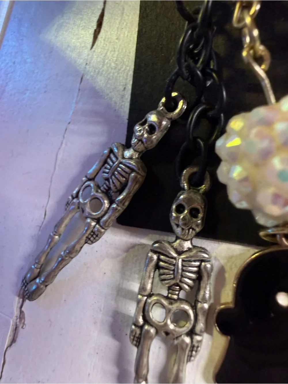 Handmade Black & White Ghost Skeleton Crystal Earrings | Spooky Halloween Goth